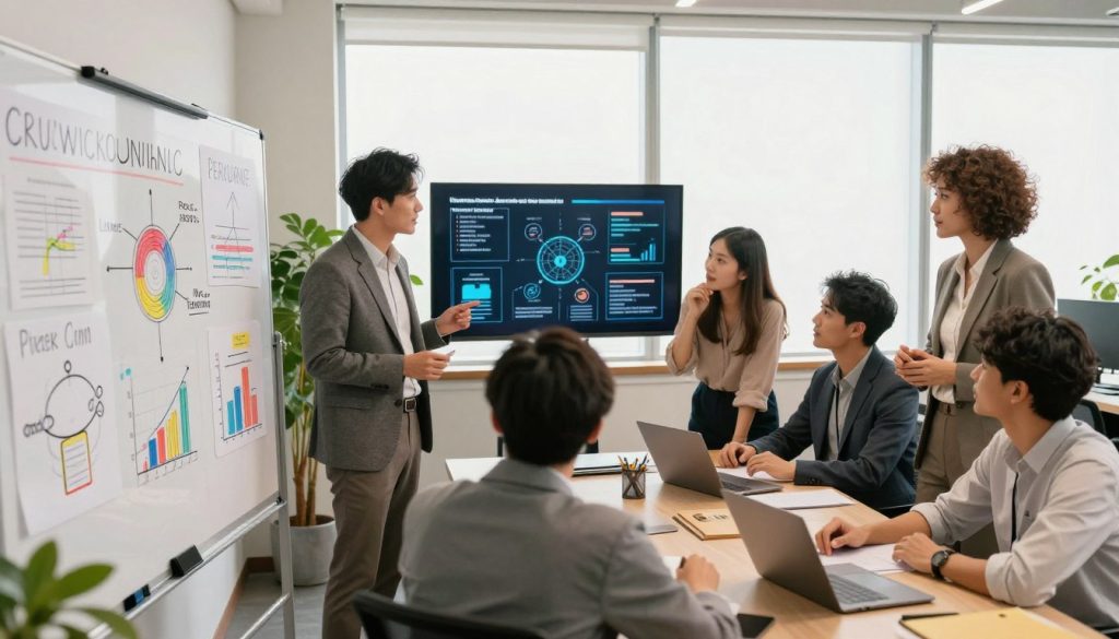 A modern office environment featuring a diverse group of professionals engaged in a brainstorming session about innovative financing methods. In the foreground, a whiteboard filled with colorful diagrams and graphs illustrating conceptual frameworks like crowdfunding, peer-to-peer lending, and blockchain financing. The middle ground shows an interactive digital display showcasing infographics about emerging market trends. In the background, large windows let in soft, natural light, creating a bright and inspiring atmosphere. The mood is collaborative and forward-thinking, emphasizing creativity and innovative solutions. Use a wide-angle lens to capture the active participation of team members dressed in professional business attire, highlighting their expressions of enthusiasm and engagement. The overall color palette is warm and inviting, with hints of green from indoor plants to enhance a fresh, energetic vibe.
