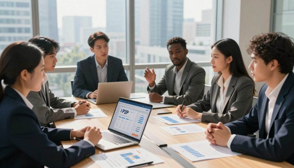 A professional, modern workspace depicting a peer-to-peer lending scenario. In the foreground, a diverse group of individuals dressed in business attire are engaged in a discussion, with a laptop open showing a user-friendly P2P lending platform interface. In the middle, an elegant conference table scattered with documents and graphs represents financial data and investment opportunities. In the background, a large window reveals a bustling cityscape, emphasizing innovation and growth. Soft, natural lighting enhances the atmosphere, casting warm shadows across the scene. The focus is on collaboration and connection, conveying a sense of trust and community in alternative financing solutions. Use a wide-angle perspective to capture the dynamic environment, ensuring clarity and detail in the expressions of the individuals involved.