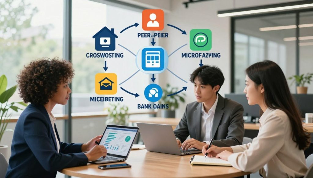 A vibrant financing ecosystem scene depicting diverse alternatives to traditional bank loans. In the foreground, a roundtable with professionals in business attire engaged in discussion: a middle-aged Black woman presenting innovative financial solutions via a digital tablet, a young Asian man analyzing data on a laptop, and a Hispanic woman taking notes. In the middle ground, a flowchart connects various financing options like crowdfunding, peer-to-peer lending, and microfinancing, illustrated with icons and arrows. The background features a modern office space with large windows, natural light streaming in, and greenery outside for a fresh ambiance. The mood is collaborative and innovative, showcasing a dynamic approach to financing. The image is well-lit from a soft side light, creating an optimistic atmosphere.